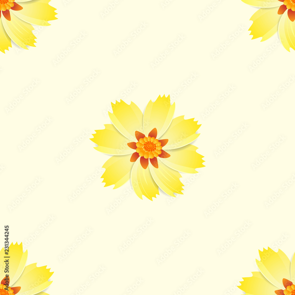 Poster Floral background. Vector seamless pattern. Ornament for textiles on yellow background. Colorful flowers. The elegant the template for fashion prints.