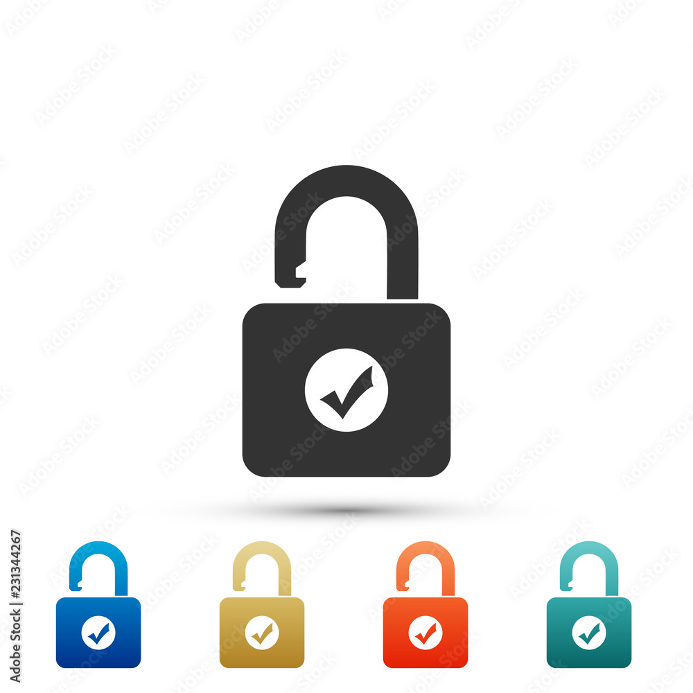 Poster open padlock and check mark icon isolated on white background. security check lock sign. set element