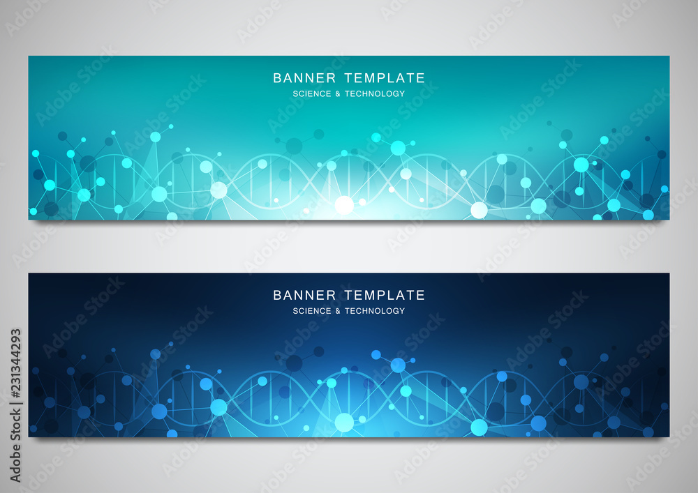 Aufkleber vector banners and headers for site with dna strand and molecular structure. genetic engineering or 