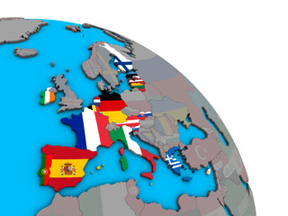 Eurozone member states with embedded national flags on simple blue political 3D globe.