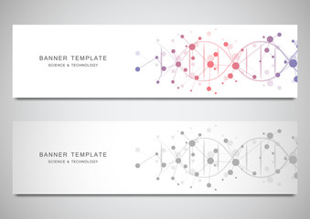 Vector banners and headers for site with DNA strand and molecular structure. Genetic engineering or laboratory research. Abstract geometric texture for medical, science and technology design.