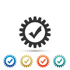 Gear with check mark icon isolated on white background. Cogwheel simple icon. Approved service sign. Transmission Rotation Mechanism symbol. Elements in colored icons. Flat design. Vector Illustration