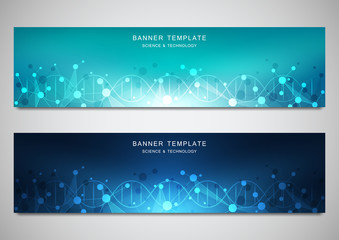 Vector banners and headers for site with DNA strand and molecular structure. Genetic engineering or laboratory research. Abstract geometric texture for medical, science and technology design.