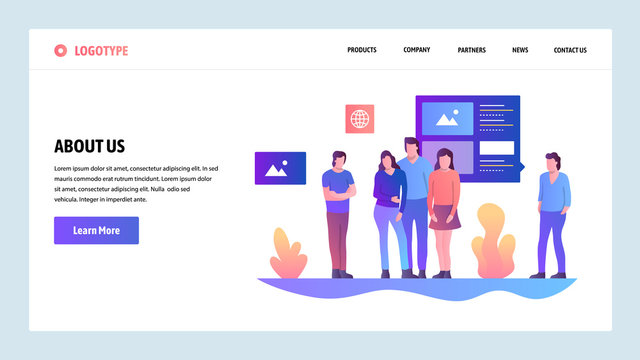 Vector web site design template. About Us company and team information page. Landing page concepts for website and mobile development. Modern flat illustration.
