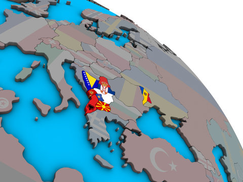 CEFTA countries with embedded national flags on simple blue political 3D globe.