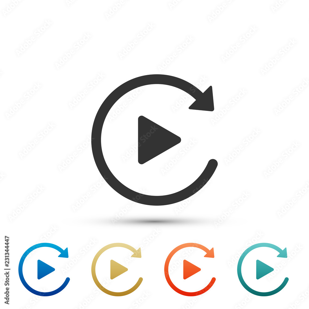 Poster video play button like simple replay icon isolated on white background. set elements in colored icon