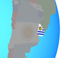 Uruguay with national flag on simple political globe.