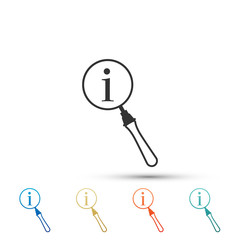 Magnifying glass and information icon isolated on white background. Search with information sign. Set elements in colored icons. Flat design. Vector Illustration