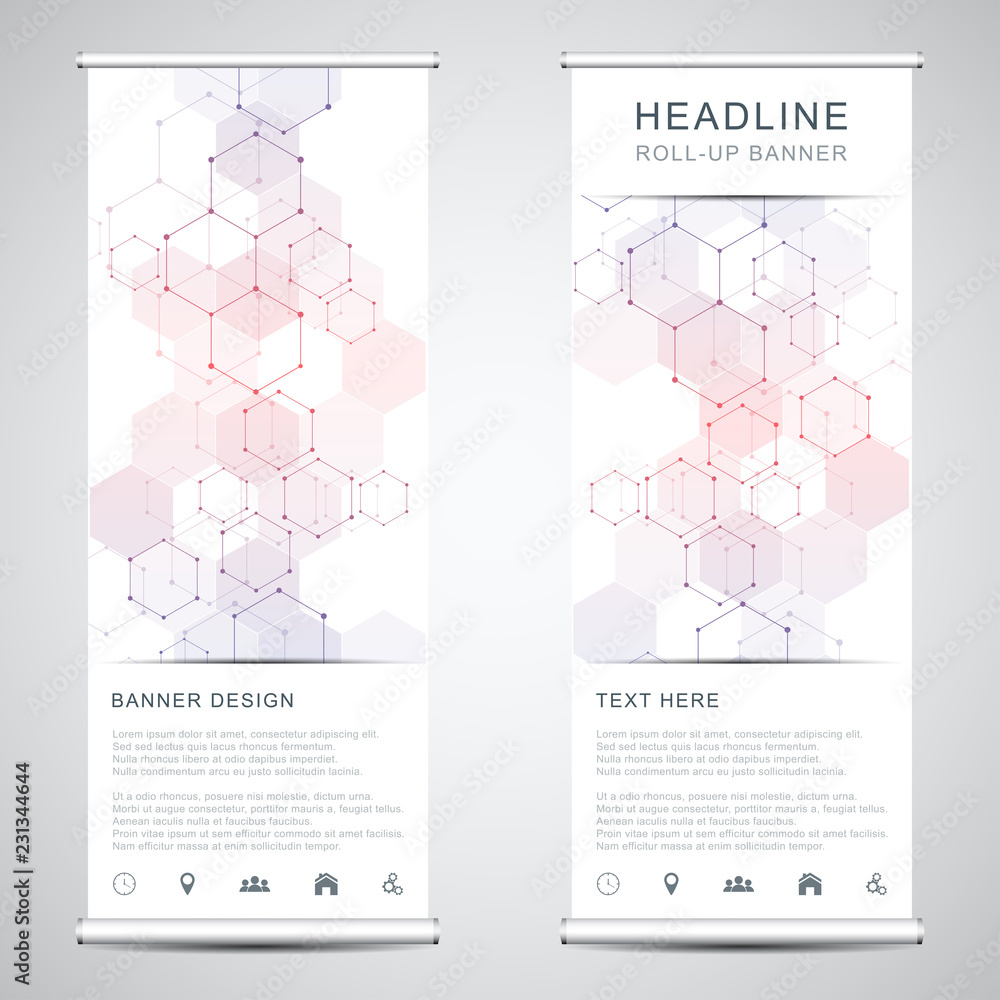 Wall mural roll up banner stands with abstract geometric background from hexagons pattern. hi-tech digital back