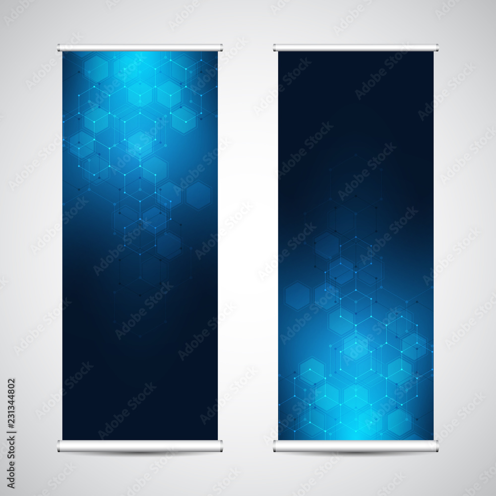 Poster Roll up banner stands with abstract geometric background of hexagons pattern. Hi-tech digital background. Vector illustration for technological or scientific modern design.