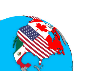 NAFTA memeber states with flags on 3D globe