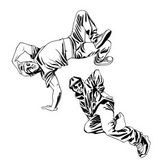 B-boys dancers characters set in dynamic poses. Hand drawn lineart vector illustration. Hip hop dance. Can be used for creating logo, posters, flyers, emblem, prints, web and other crafts