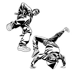 B-boys dancers characters set in dynamic poses. Hand drawn lineart vector illustration. Hip hop dance. Can be used for creating logo, posters, flyers, emblem, prints, web and other crafts
