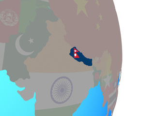 Nepal with national flag on simple political globe.
