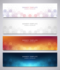Fototapeta na wymiar Set of vector banners and headers for site with medical background and hexagons pattern. Abstract geometric texture. Modern design for decoration website and other ideas.