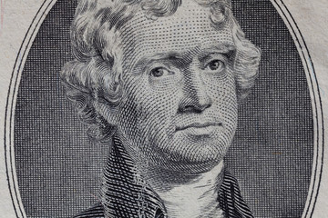 Thomas Jefferson portrait macro usa two dollar banknote or bill.