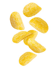 Falling potato chips isolated on a white background, clipping path