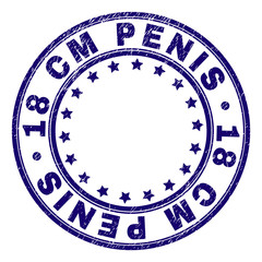 18 CM PENIS stamp seal imprint with grunge texture. Designed with circles and stars. Blue vector rubber print of 18 CM PENIS text with dirty texture.