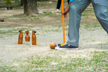 Woodball, sport equipment, Sports Woodball a way to play a sport like golf Woodball is played with a mallet whose head looks remarkably like a wooden beer bottle.