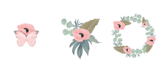 Floral bouquet composition set, pink poppy flowers and leaves