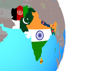 SAARC memeber states with national flags on simple political globe.