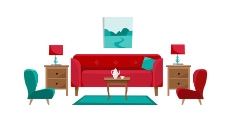 Fototapeta premium Red sofa with cofee table, nightstands, painting, table lamps, vase, carpet, soft chair and slippers in living room. Porcelain set of pot and two cups on table. Flat cartoon vector in white background