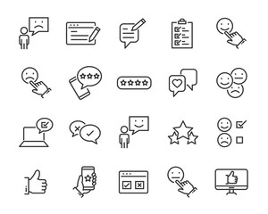 set of feedback line icons, such as, question, review, test, app