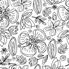 Black and white vector seamless floral pattern hand draw abstract flowers on white background
