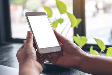 Mockup image of hands holding white mobile phone with blank screen with green leaves in background
