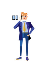 Businessman character in a blue office suite standing talking on the phone. Male character in a suit and a tie with a telephone in hands. Mascot for a business. Avatar for an office worker