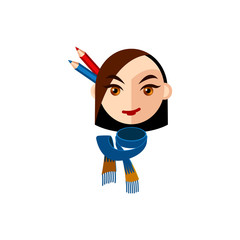 Girl character with brown eyes and brown straight hair. Female character face with blue scarf and pencils. Mascot for a creative woman. Avatar for a young woman. Face of lady designer looking forward