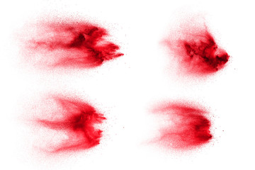 Red dust particles explosioon on white background.