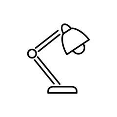 Black & white vector illustration of balanced arm table lamp. Line icon of modern desktop light fixture. Home & office illumination. Task lighting. Isolated on white background