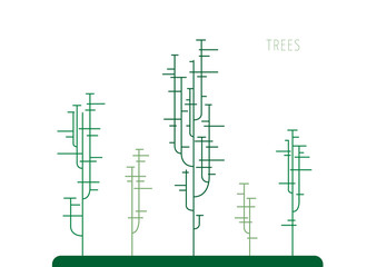 Illustration of strange stylized green park with different trees amde out of straight lines. Landscape image of a grove, park or forest for animation or game background. Set of geometrical trees.