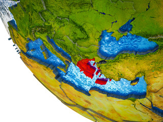 Greece on model of Earth with country borders and blue oceans with waves.