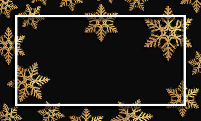Fototapeta na wymiar Christmas New Year and winter background with square frame and golden snowflakes