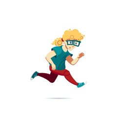 Boy in a green t-shirt, sneakers and glasses running. Male blond curly hair character in red pants. Character for running animation. Avatar for a currier, a busy person or a school boy