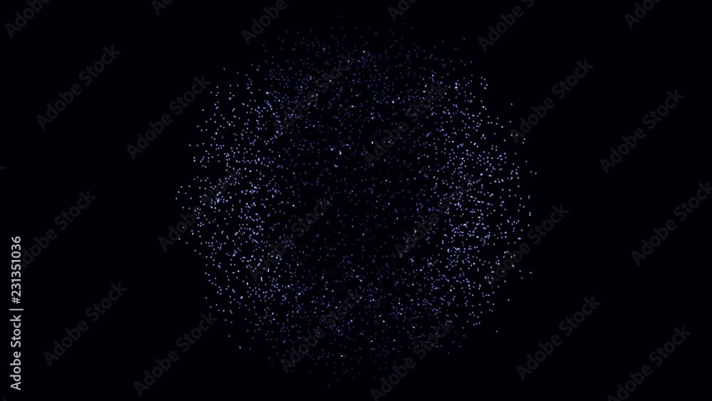 Poster animation of sphere made of moving dots on black background. metamorphose of amorphous shape from do