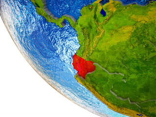 Ecuador on model of Earth with country borders and blue oceans with waves.