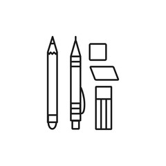 Black & white vector illustration of mechanical pencil, lead refill, erasers. Line icon of drawing & drafting tool set. Stationery items. Isolated objects