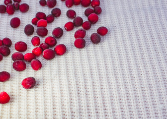 Winter, Christmas, New Year knitted white background with copy space and red frozen berries.