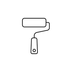 Black & white vector illustration of paint roller brush with handle. Line icon of paintbrush with handle. Tool for construction & handicraft work. Isolated on white background