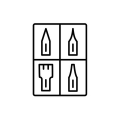 Black & white vector illustration of calligraphy nib set. Line icon of tools for handwriting & lettering. Stationary supplies for drawing decorative vintage letters. Isolated on white background