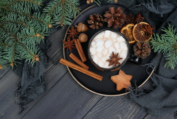 Christmas winter composition from home decor. Fir branches, cup of cocoa with marshmallows , cinnamon sticks, anise stars on dark wooden tray. Autumn, fall concept. Flat lay, top view.copy space