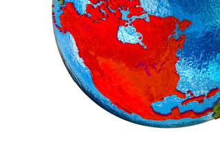 North America on model of Earth with country borders and blue oceans with waves.