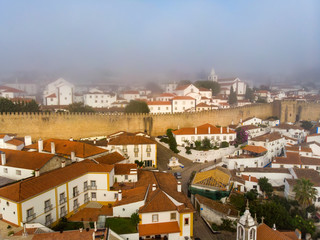 Fototapeta premium Scenic view of white houses red tiled roofs, and castle from wall of fortress with clouds. Obidos village, Portugal.
