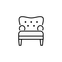 Black & white vector illustration of comfortable tufted armchair. Line icon of arm chair seat. Upholstery furniture for living room & bedroom. Isolated on white background