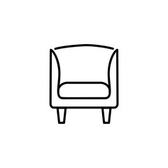 Black & white vector illustration of vintage wooden armchair with high back. Line icon of arm chair seat. Upholstery furniture for living room & bedroom. Isolated on white background