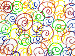 Abstract drawing on white paper,Italy,2 November 2018,abstract drawing with wax crayons on white paper, design of multi-colored swirls of jagged lines,photography