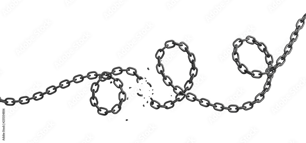 Poster 3d rendering of a curled iron chain broken in half and lying on a white background.